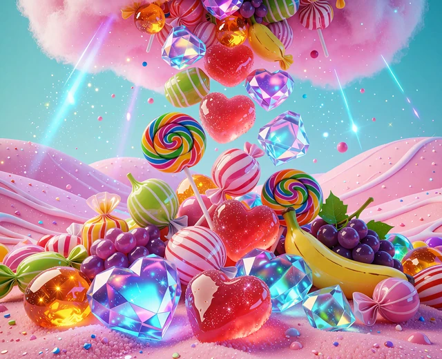 Ilustracja do slotu Sweet Bonanza: kaskada błyszczących cukierk&oacute;w i owoc&oacute;w na r&oacute;żowym tle