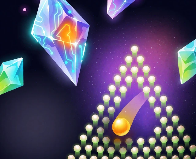 Ilustracja gry Plinko: piramida świecących kołk&oacute;w i złota kulka na fioletowym tle mgławicy