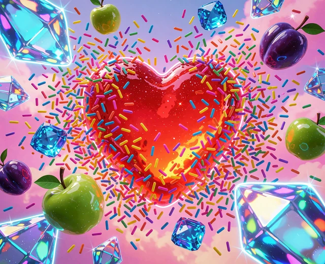Czerwone serce z żelek w wybuchu kolorowych cukierk&oacute;w i owoc&oacute;w - ilustracja do slotu Sweet Bonanza