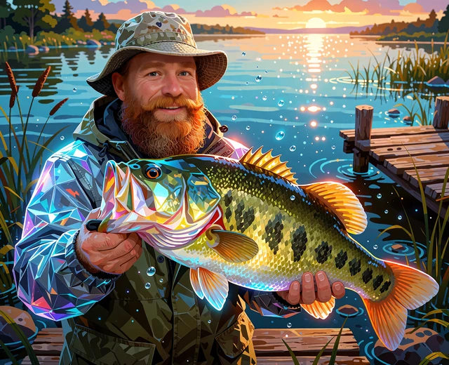 Ilustracja do slotu Big Bass Bonanza: rudobrody wędkarz z wielkim okoniem nad jeziorem