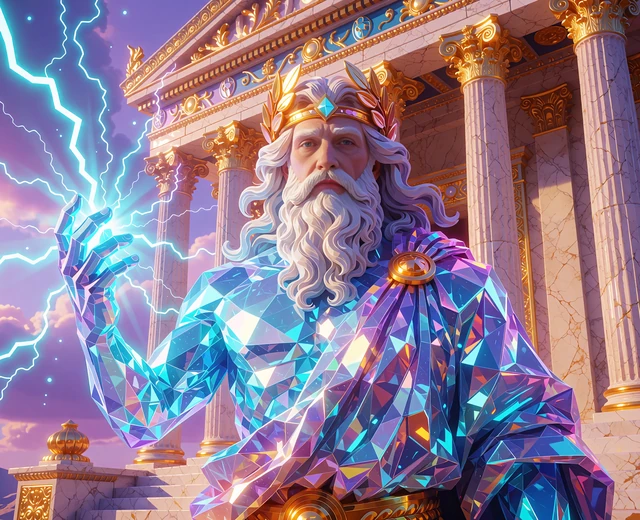 Ilustracja do slotu Gates of Olympus: b&oacute;g piorun&oacute;w z błyskawicą przed marmurową świątynią