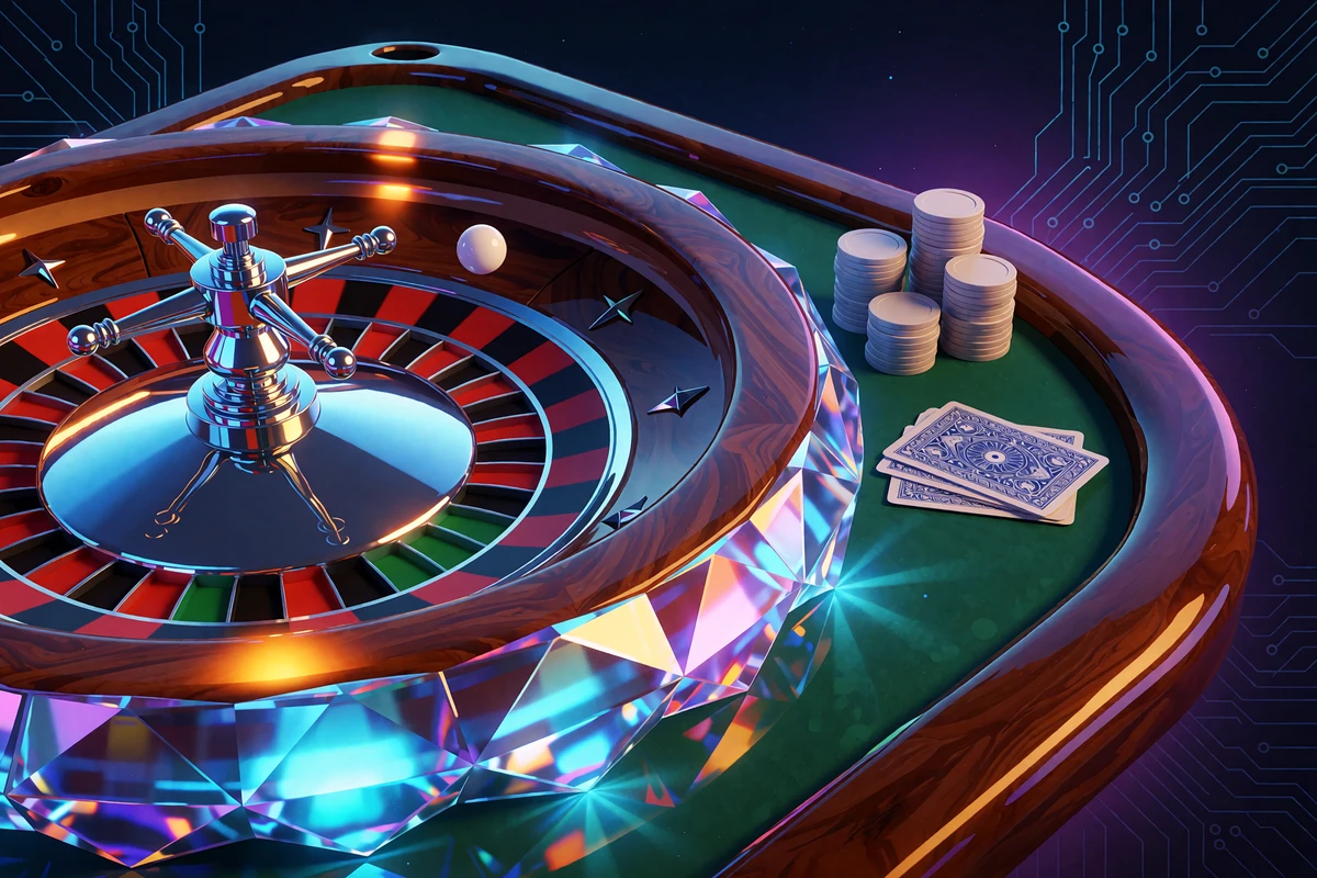 Stylizowany st&oacute;ł do ruletki live z kołem, żetonami i kartami w neonowym studiu - kasyno na żywo Thrill Casino