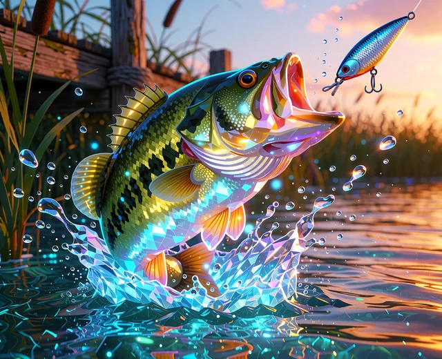 Zielony okoń wyskakujący z turkusowej wody przy drewnianym pomoście - ilustracja do slotu Big Bass Bonanza